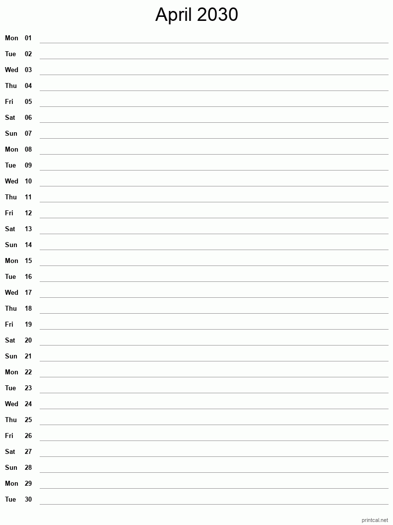 April 2030 Printable Calendar - Single Column Notesheet