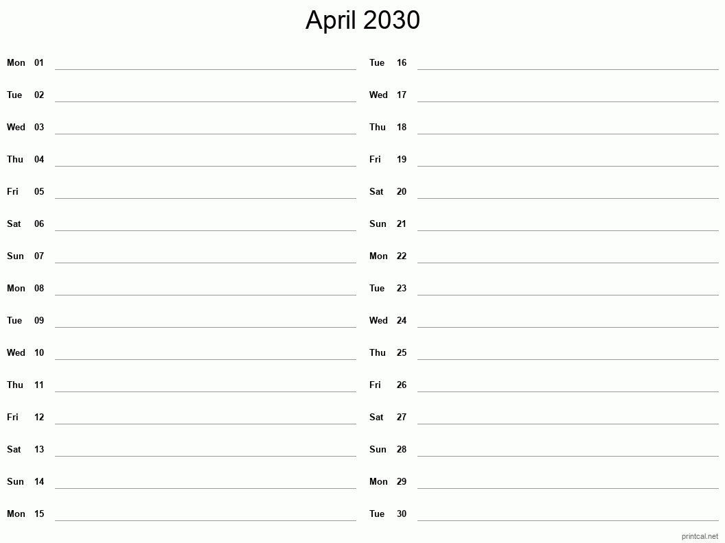 April 2030 Printable Calendar - Two Column Notesheet