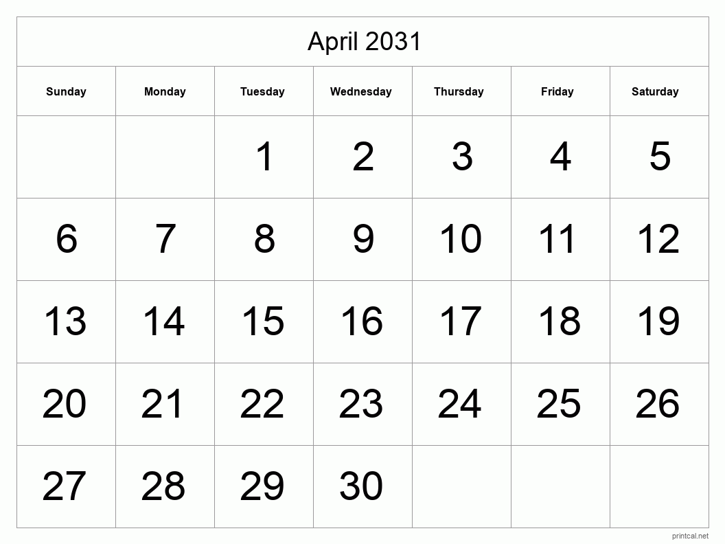 Printable April 2031 Calendar Free Printable Calendars