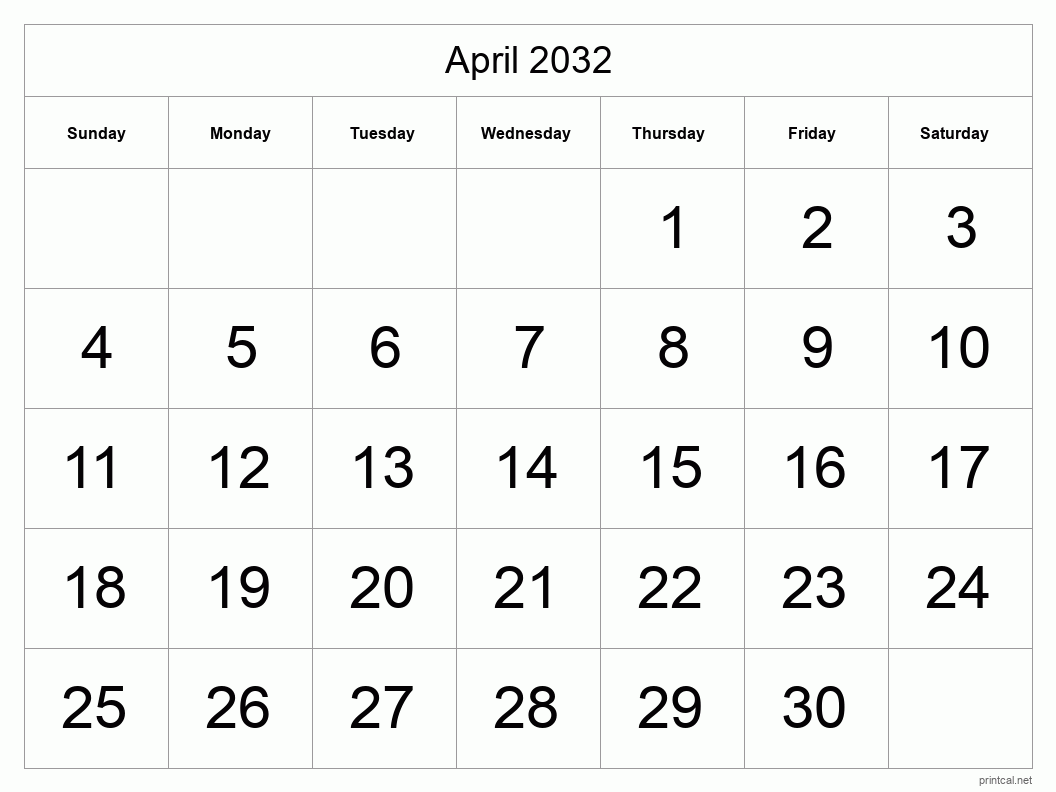 April 2032 Printable Calendar - Big Dates