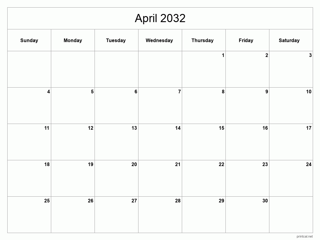 April 2032 Printable Calendar - Classic Blank Sheet