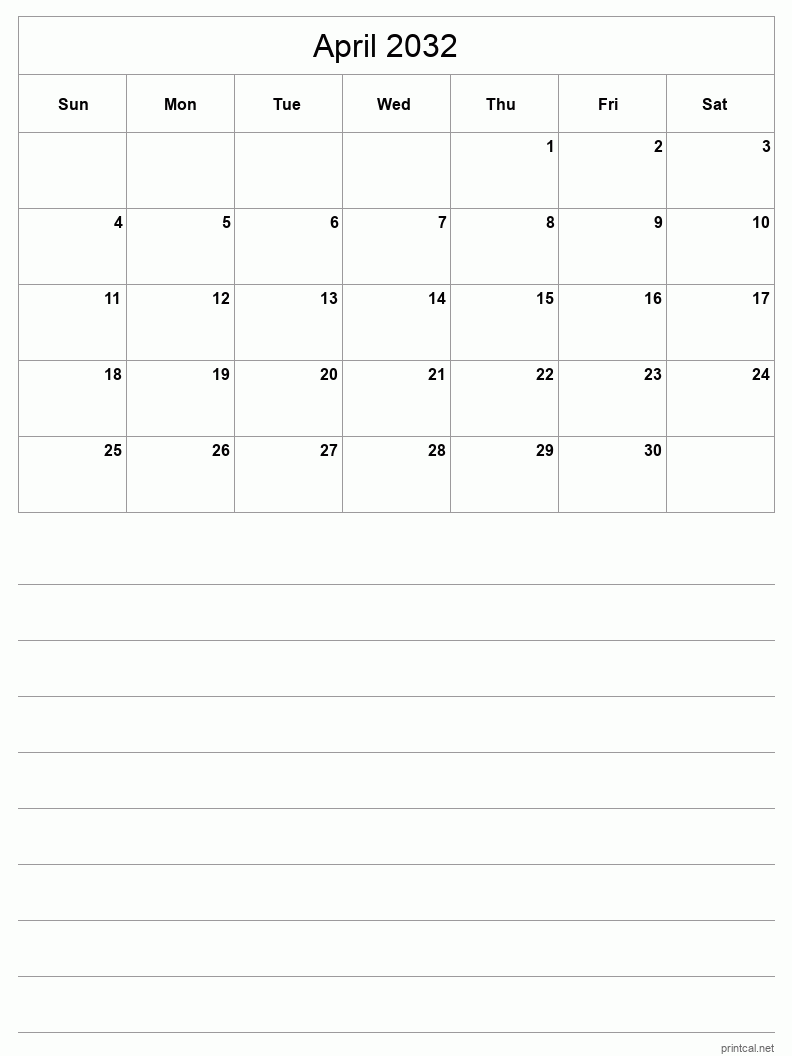 April 2032 Printable Calendar - Half-Page With Notesheet