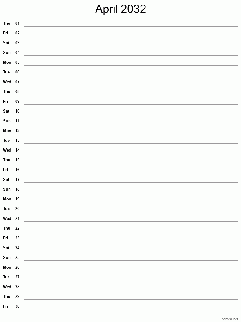 April 2032 Printable Calendar - Single Column Notesheet