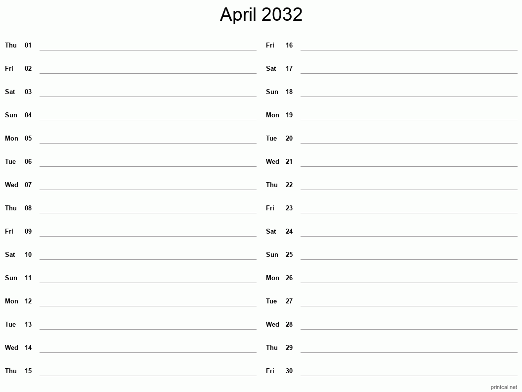 April 2032 Printable Calendar - Two Column Notesheet