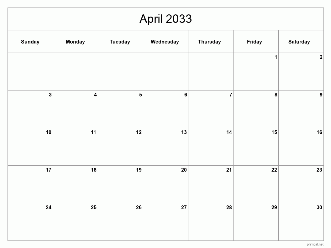 April 2033 Printable Calendar - Classic Blank Sheet