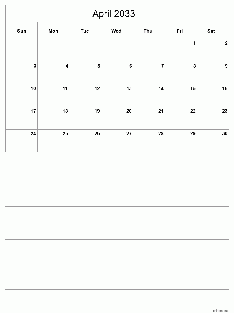 April 2033 Printable Calendar - Half-Page With Notesheet