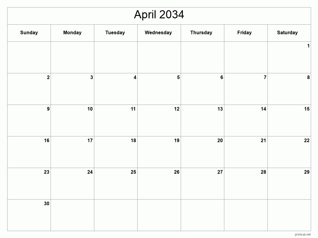 April 2034 Printable Calendar - Classic Blank Sheet