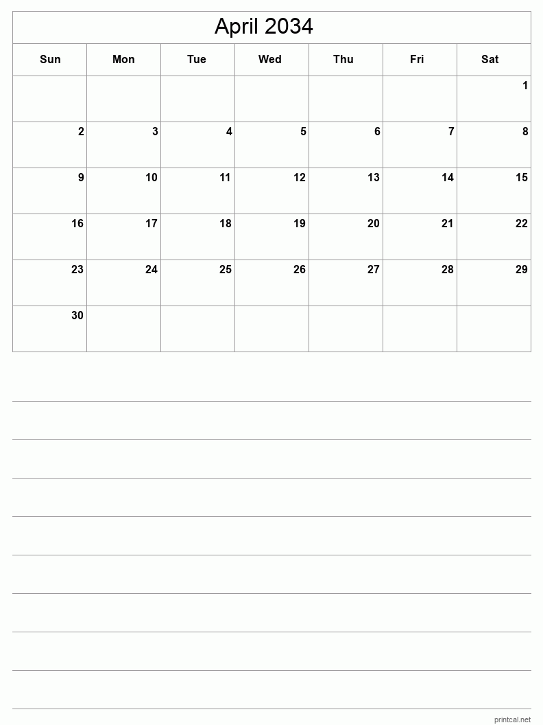 April 2034 Printable Calendar - Half-Page With Notesheet