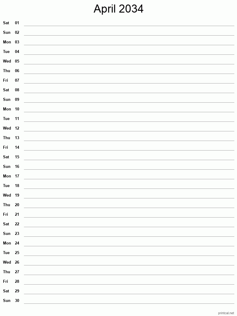 April 2034 Printable Calendar - Single Column Notesheet