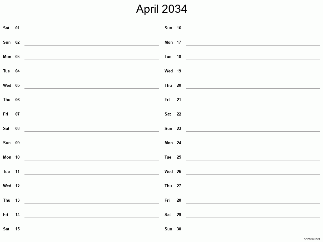 April 2034 Printable Calendar - Two Column Notesheet