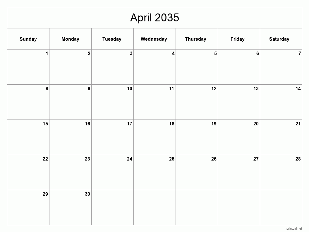April 2035 Printable Calendar - Classic Blank Sheet