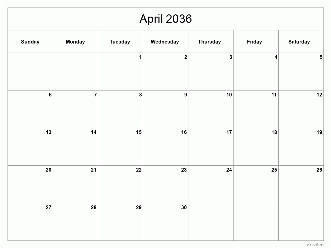 April 2036 Printable Calendar - Classic Blank Sheet