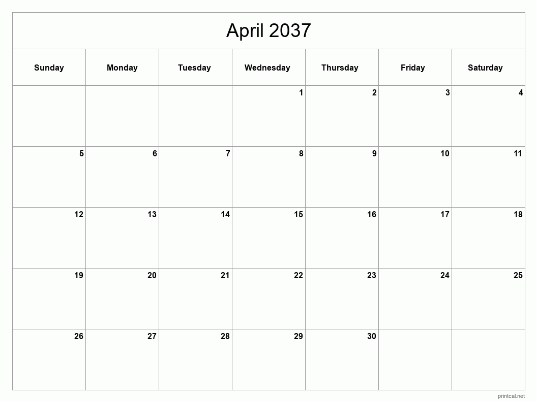 April 2037 Printable Calendar - Classic Blank Sheet