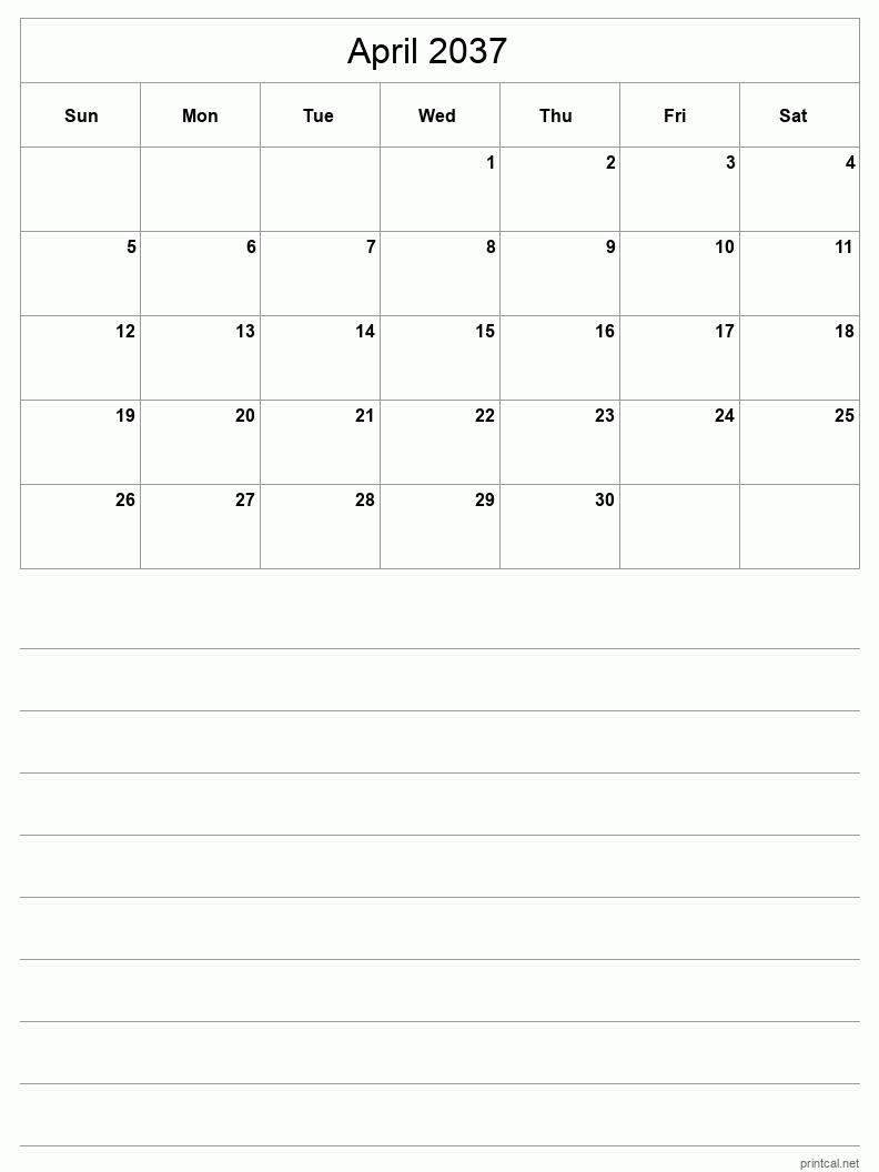 April 2037 Printable Calendar - Half-Page With Notesheet