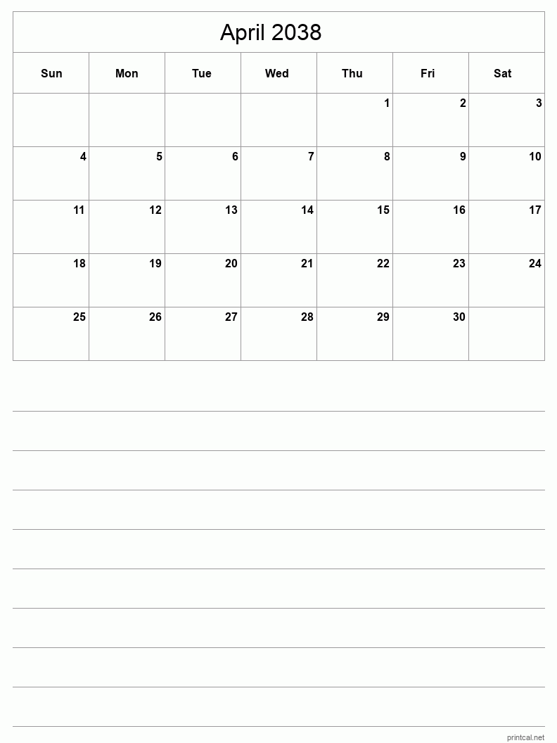 April 2038 Printable Calendar - Half-Page With Notesheet