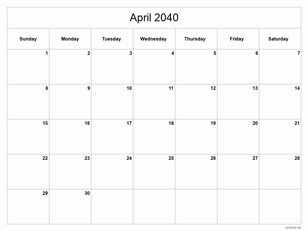 April 2040 Printable Calendar - Classic Blank Sheet