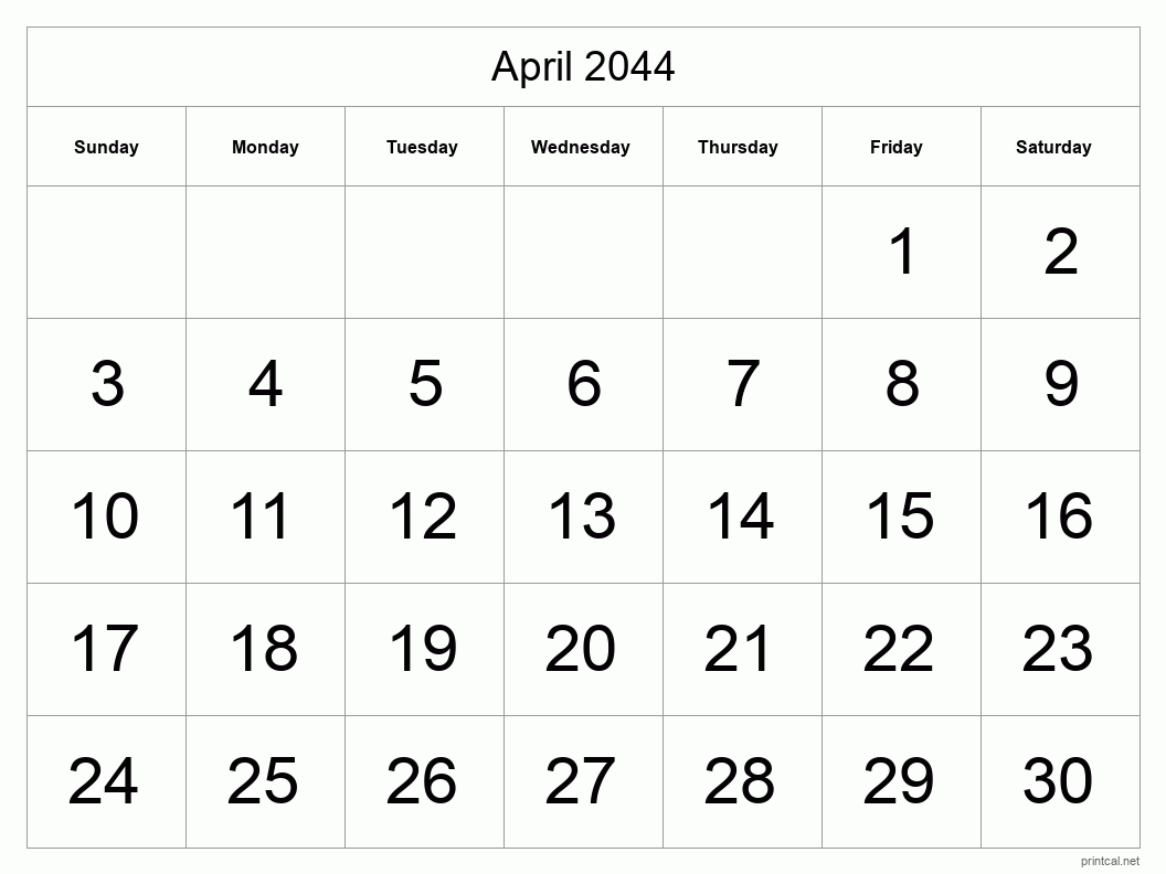 April 2044 Printable Calendar - Big Dates