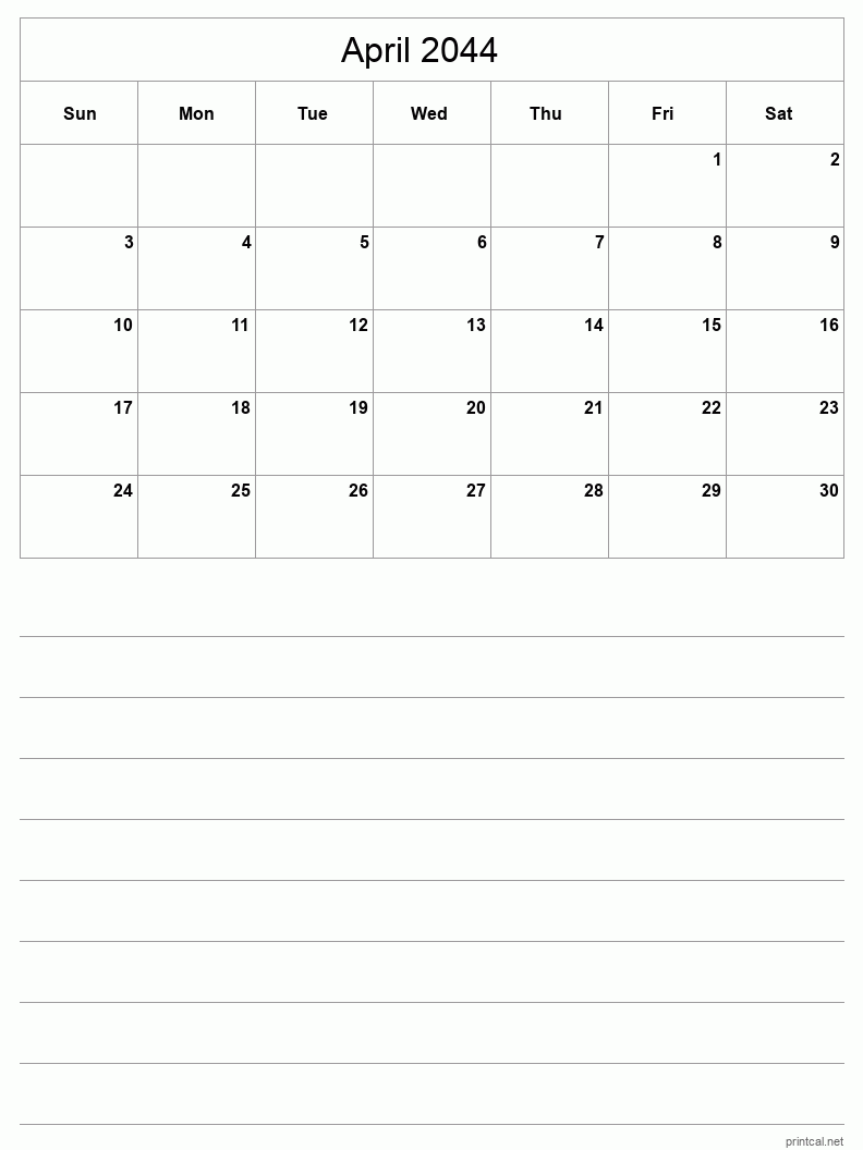 April 2044 Printable Calendar - Half-Page With Notesheet