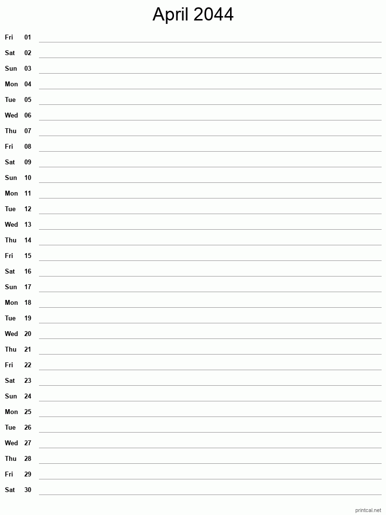 April 2044 Printable Calendar - Single Column Notesheet