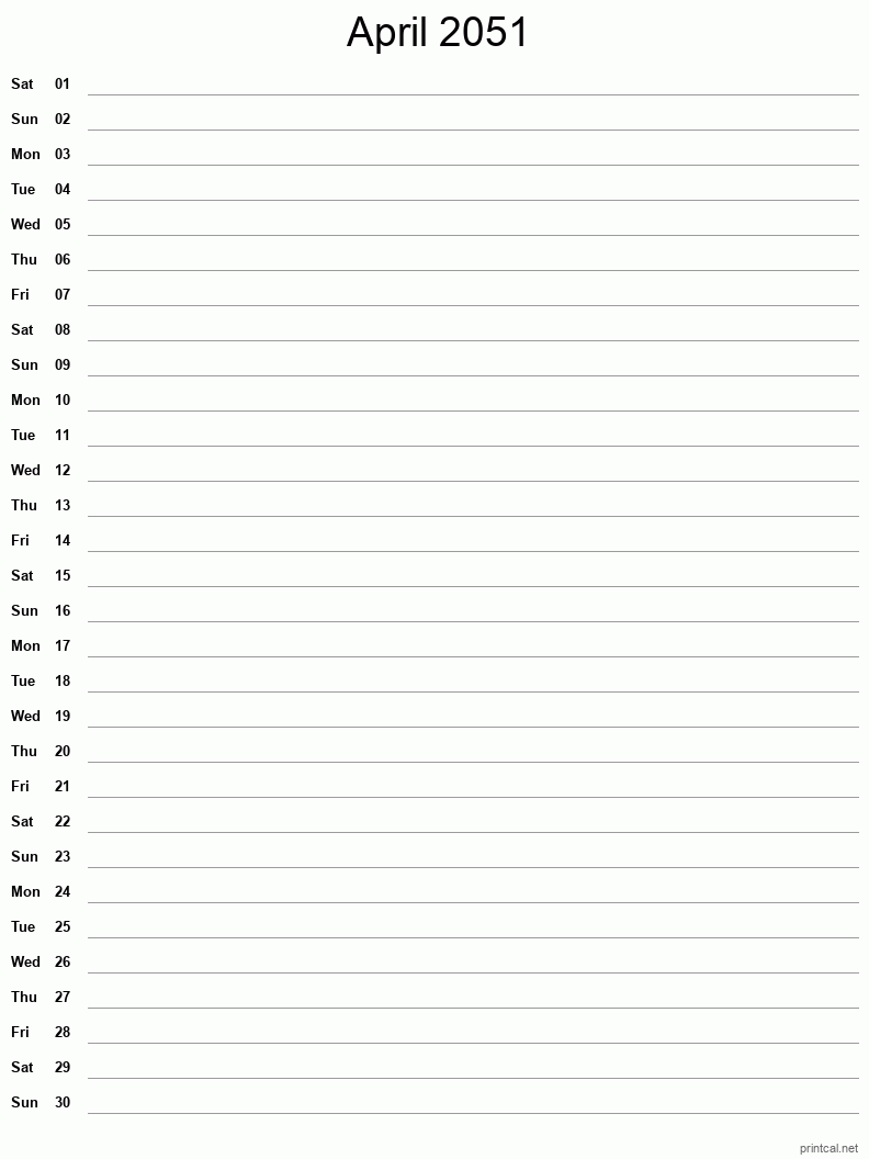 April 2051 Printable Calendar - Single Column Notesheet