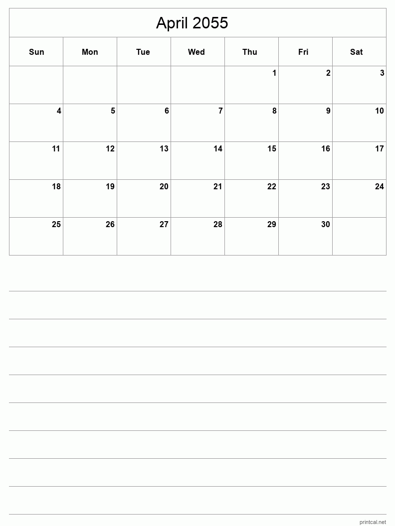 April 2055 Printable Calendar - Half-Page With Notesheet