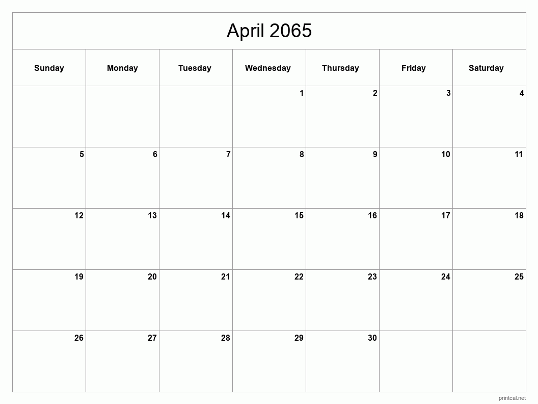 April 2065 Printable Calendar - Classic Blank Sheet