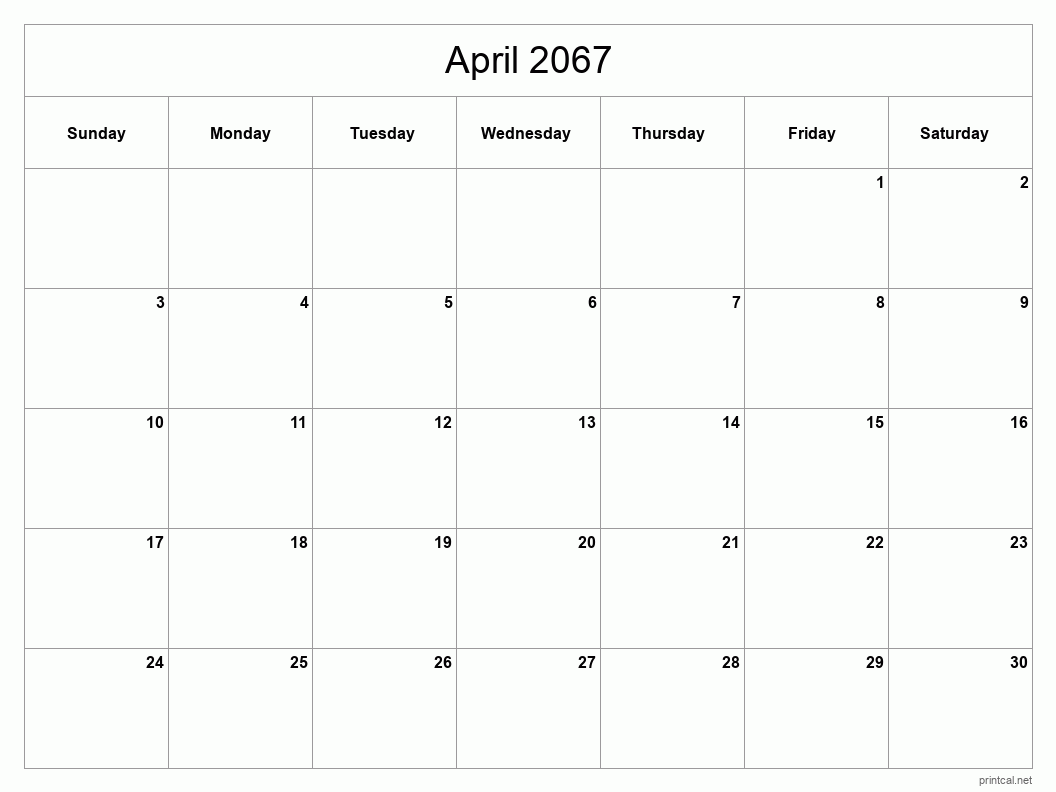 April 2067 Printable Calendar - Classic Blank Sheet