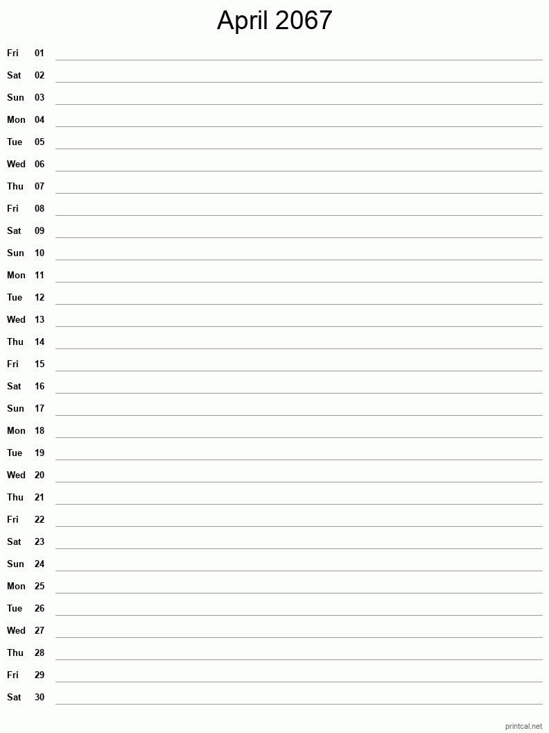 April 2067 Printable Calendar - Single Column Notesheet