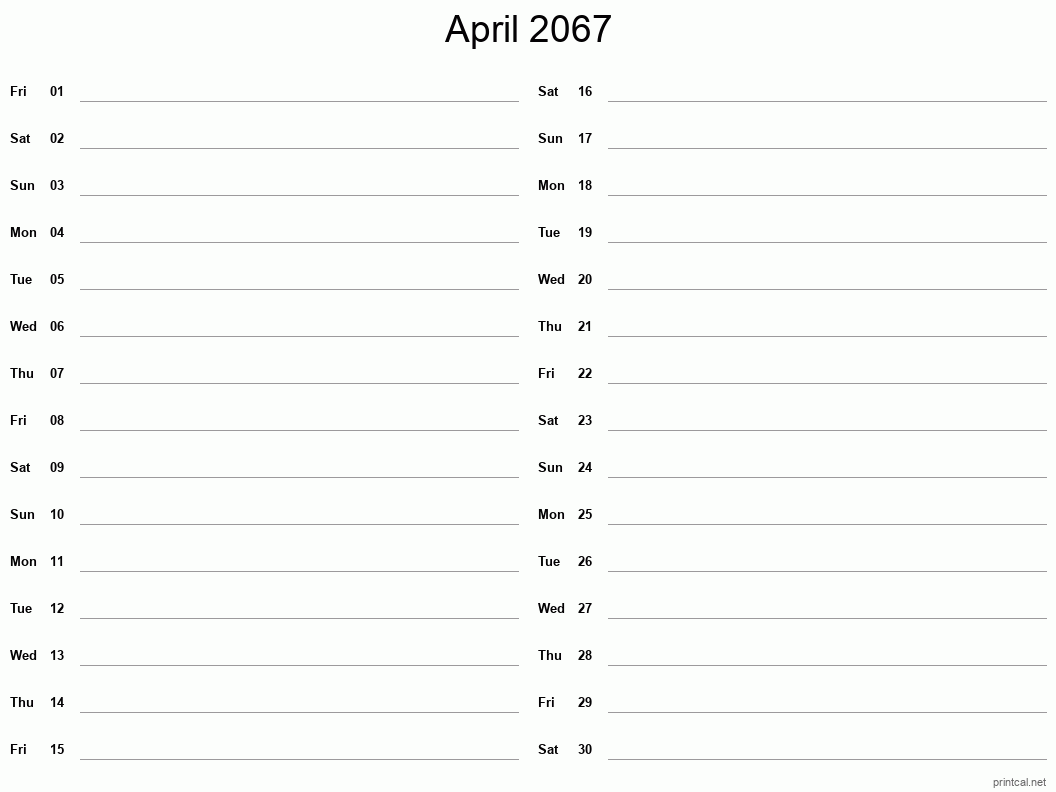 April 2067 Printable Calendar - Two Column Notesheet