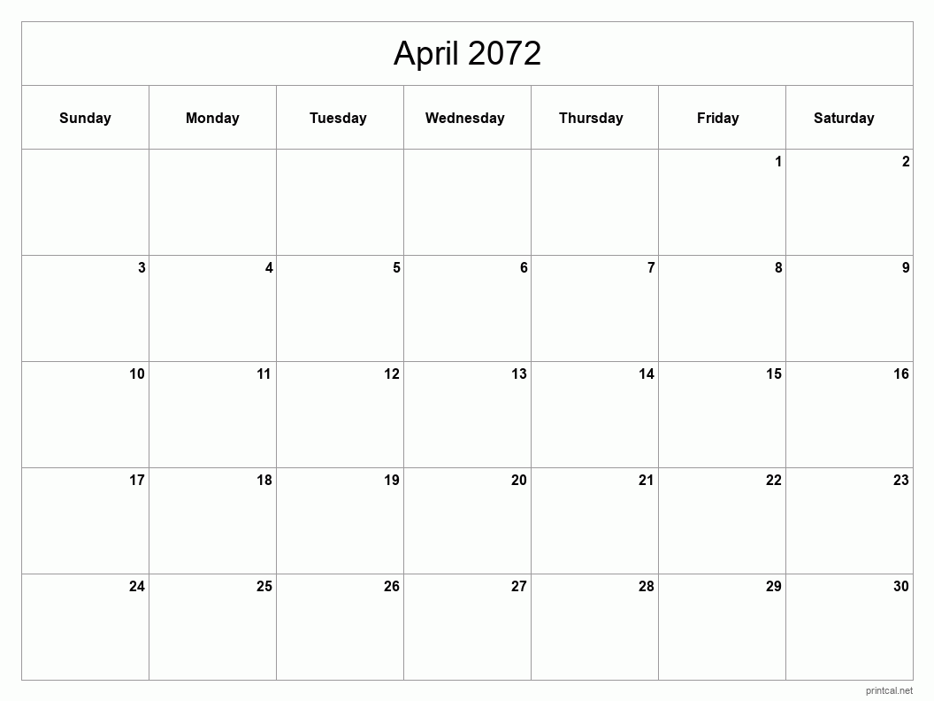 April 2072 Printable Calendar - Classic Blank Sheet