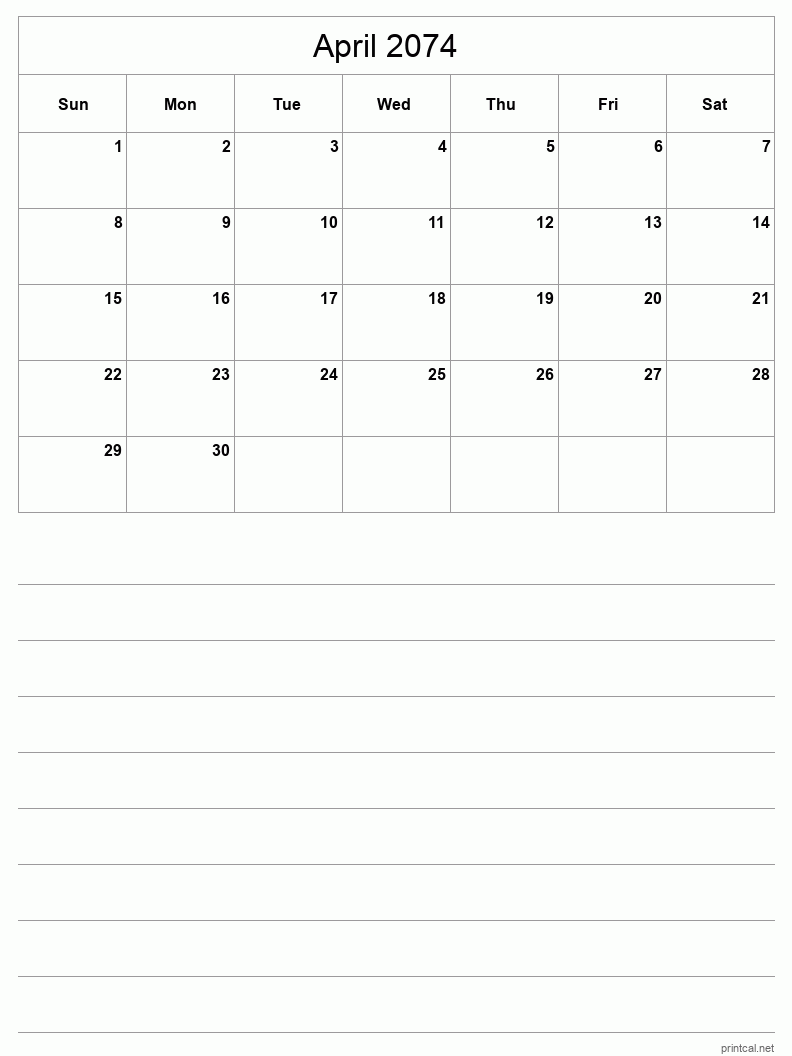 April 2074 Printable Calendar - Half-Page With Notesheet