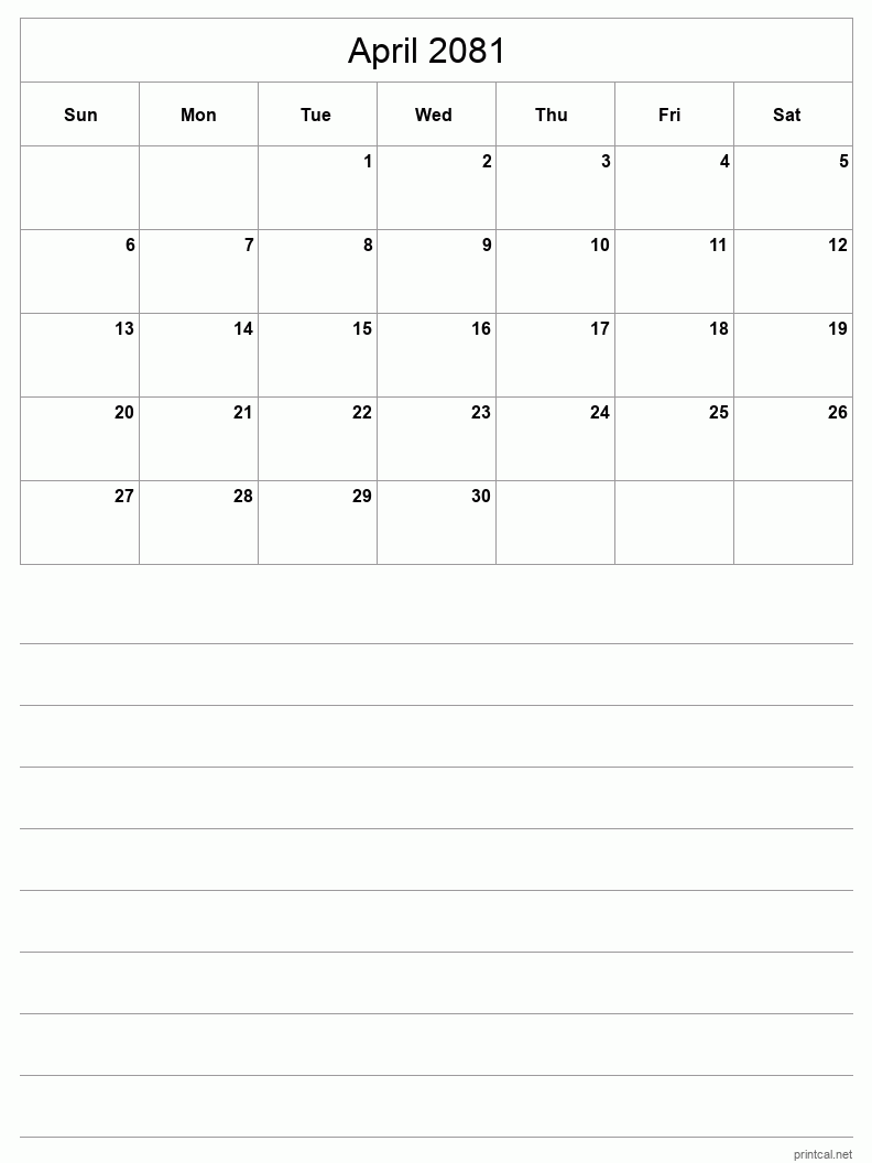 April 2081 Printable Calendar - Half-Page With Notesheet