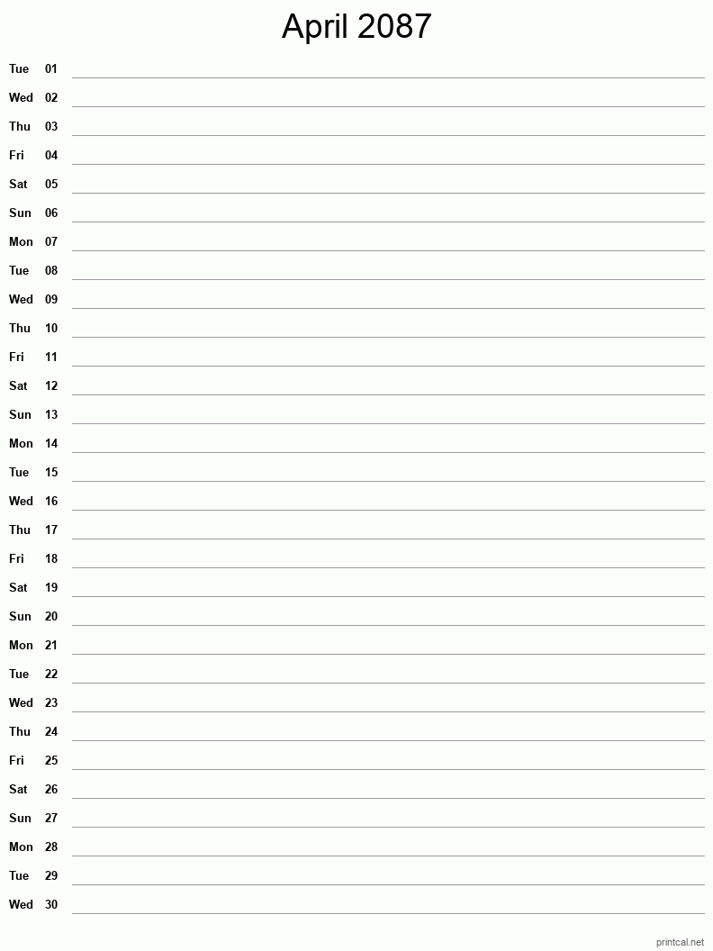 April 2087 Printable Calendar - Single Column Notesheet