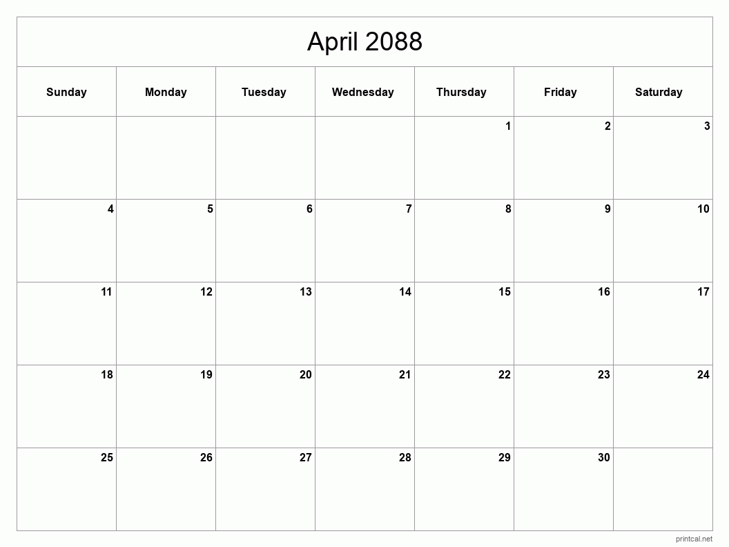 April 2088 Printable Calendar - Classic Blank Sheet