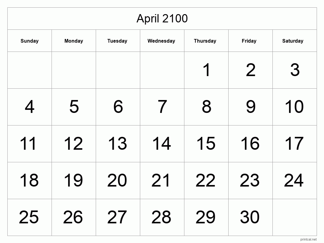 April 2100 Printable Calendar - Big Dates