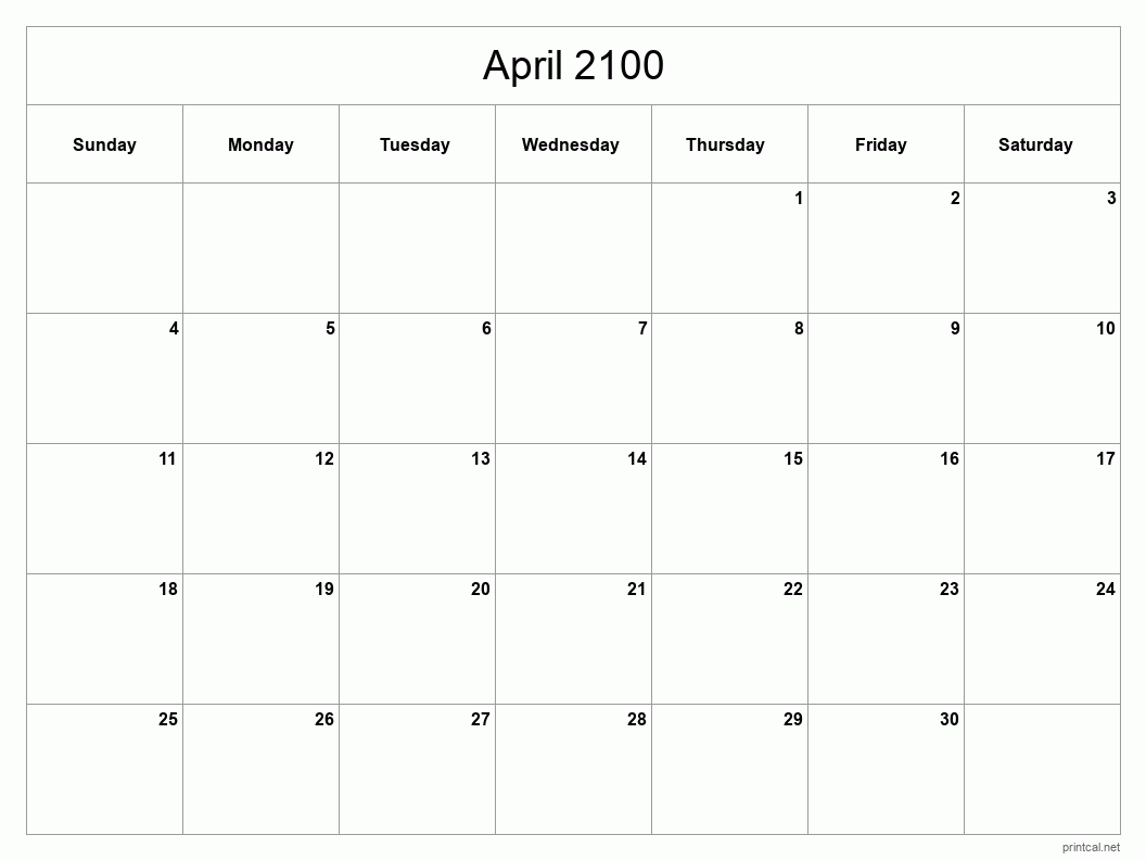 April 2100 Printable Calendar - Classic Blank Sheet