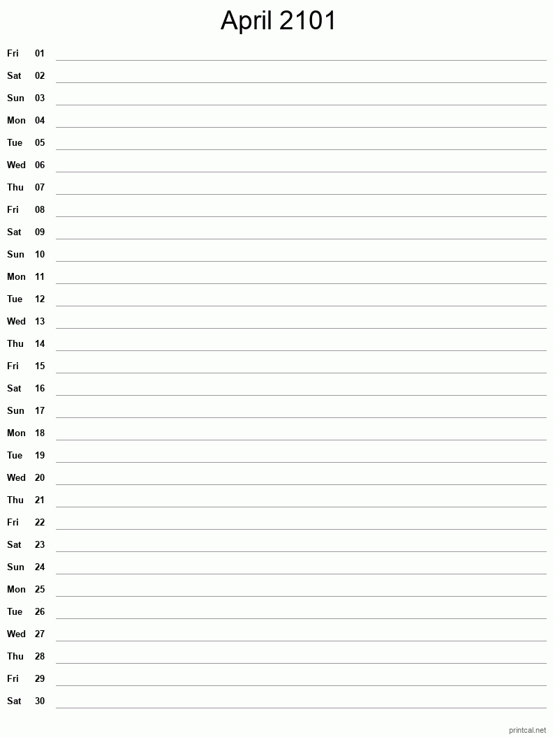 April 2101 Printable Calendar - Single Column Notesheet