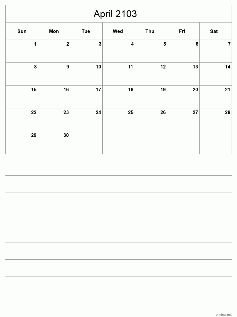 April 2103 Printable Calendar - Half-Page With Notesheet