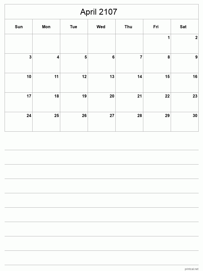 April 2107 Printable Calendar - Half-Page With Notesheet