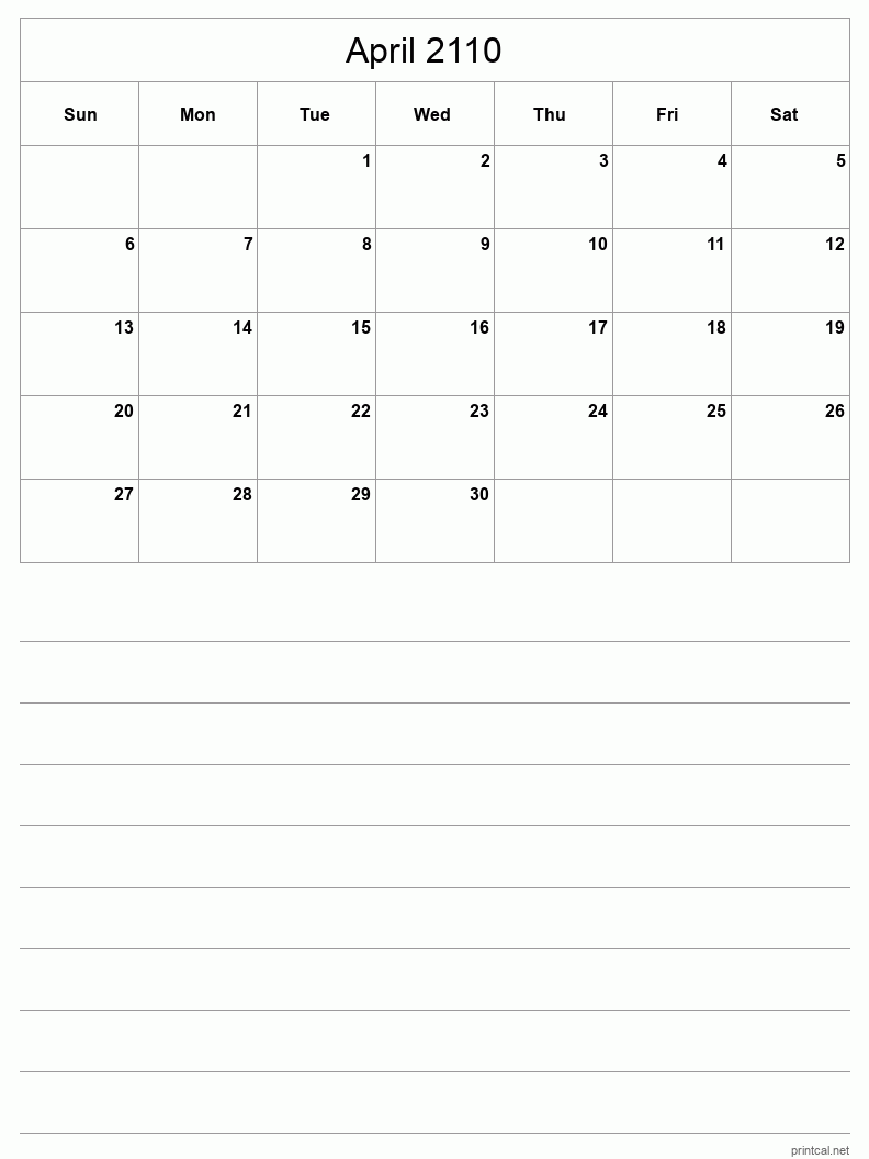 April 2110 Printable Calendar - Half-Page With Notesheet