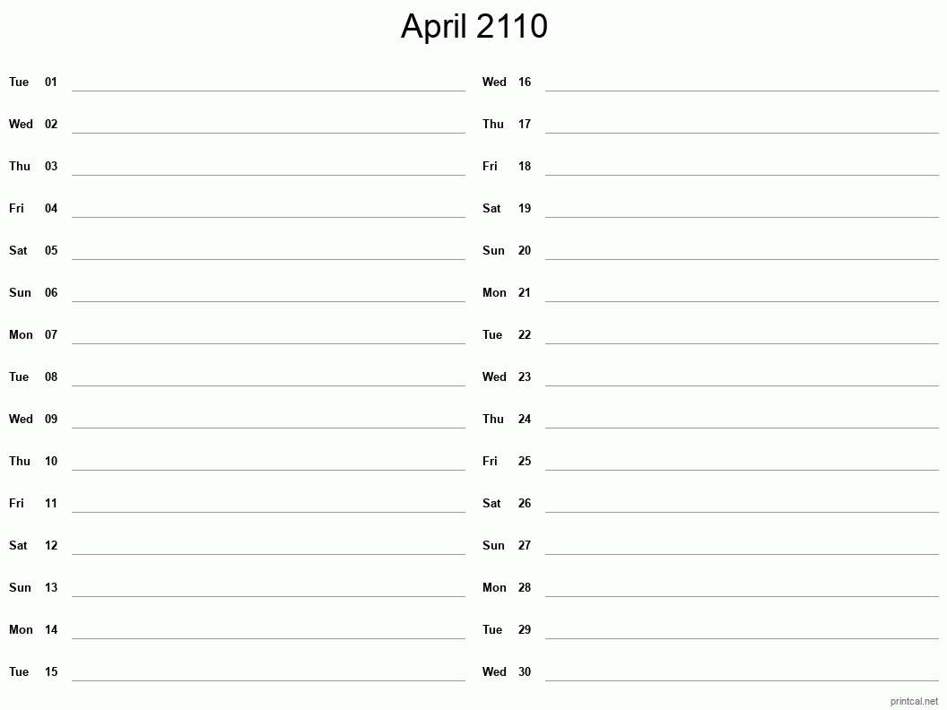 April 2110 Printable Calendar - Two Column Notesheet