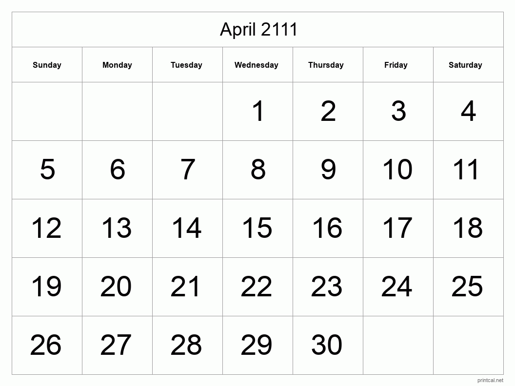 April 2111 Printable Calendar - Big Dates