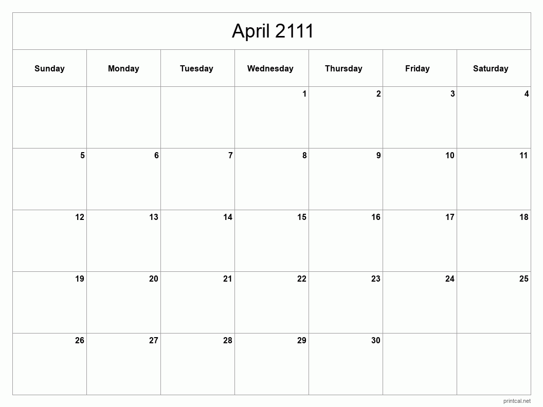 April 2111 Printable Calendar - Classic Blank Sheet