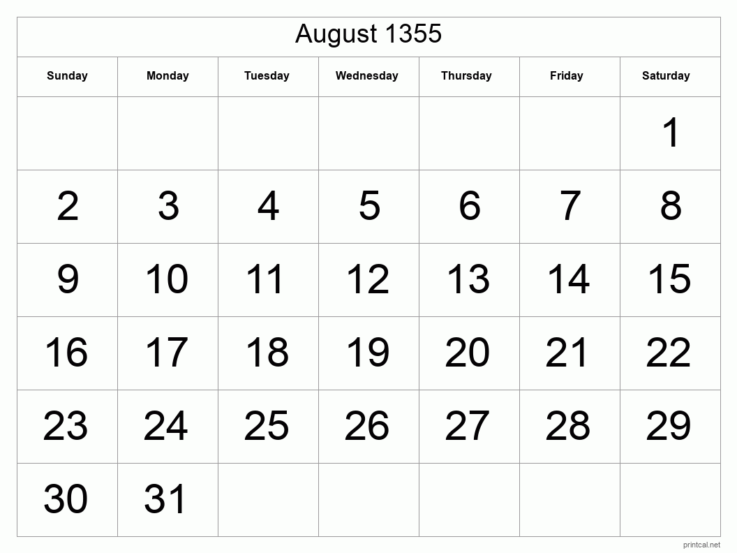 August 1355 Printable Calendar - Big Dates