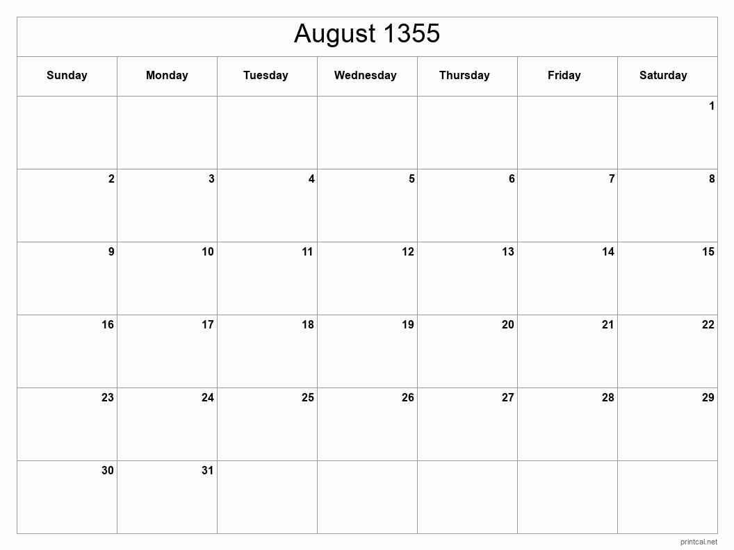August 1355 Printable Calendar - Classic Blank Sheet