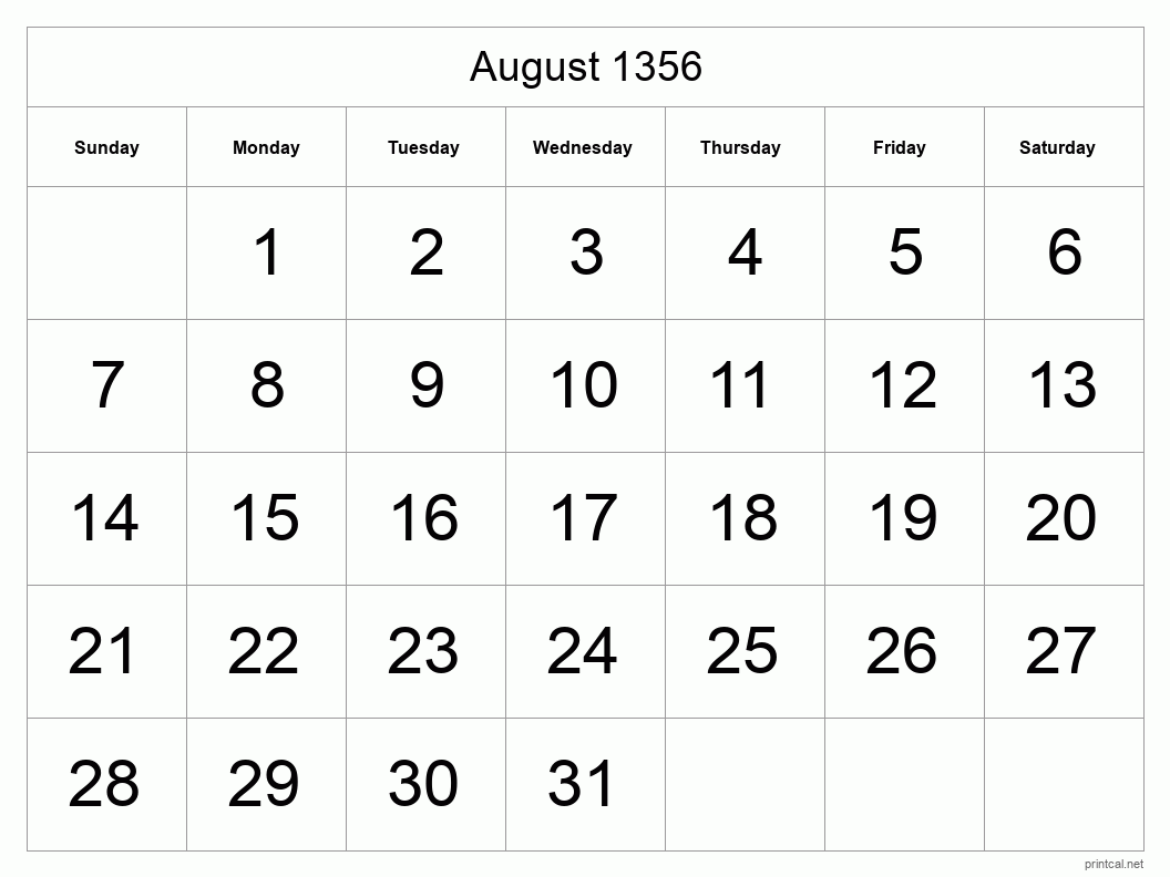 August 1356 Printable Calendar - Big Dates