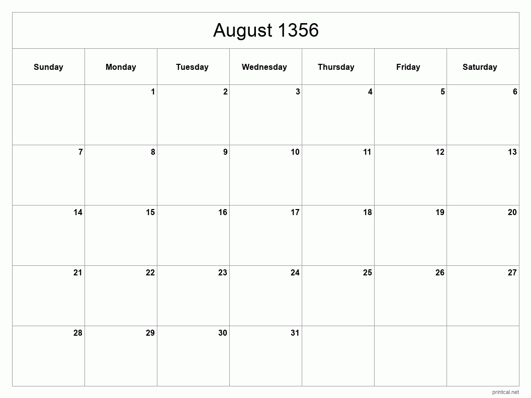 August 1356 Printable Calendar - Classic Blank Sheet