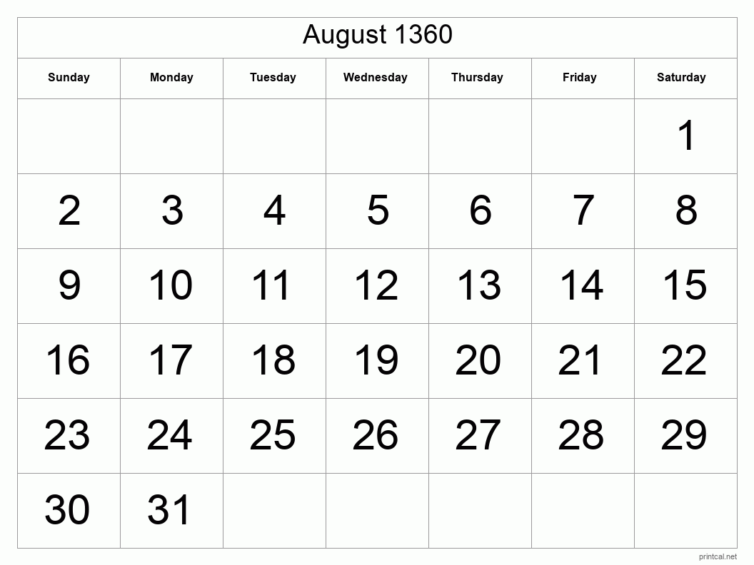 August 1360 Printable Calendar - Big Dates