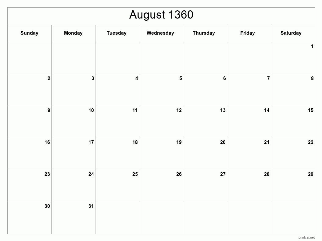 August 1360 Printable Calendar - Classic Blank Sheet