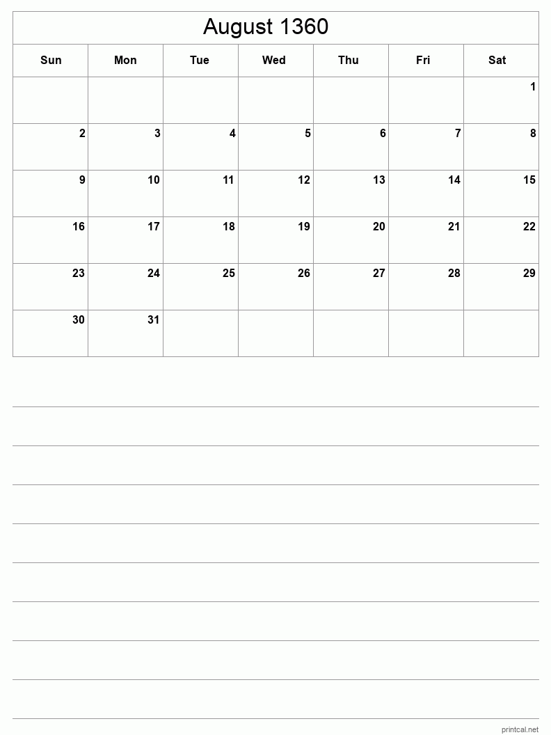 August 1360 Printable Calendar - Half-Page With Notesheet